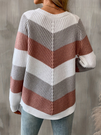 Colorblock Trui Dames – Gebreide Sweater Met Chevronpatroon
