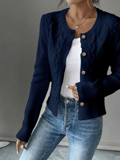 Dames Gebreid Korte Cardigan Met Kabelpatroon En Gouden Knopen