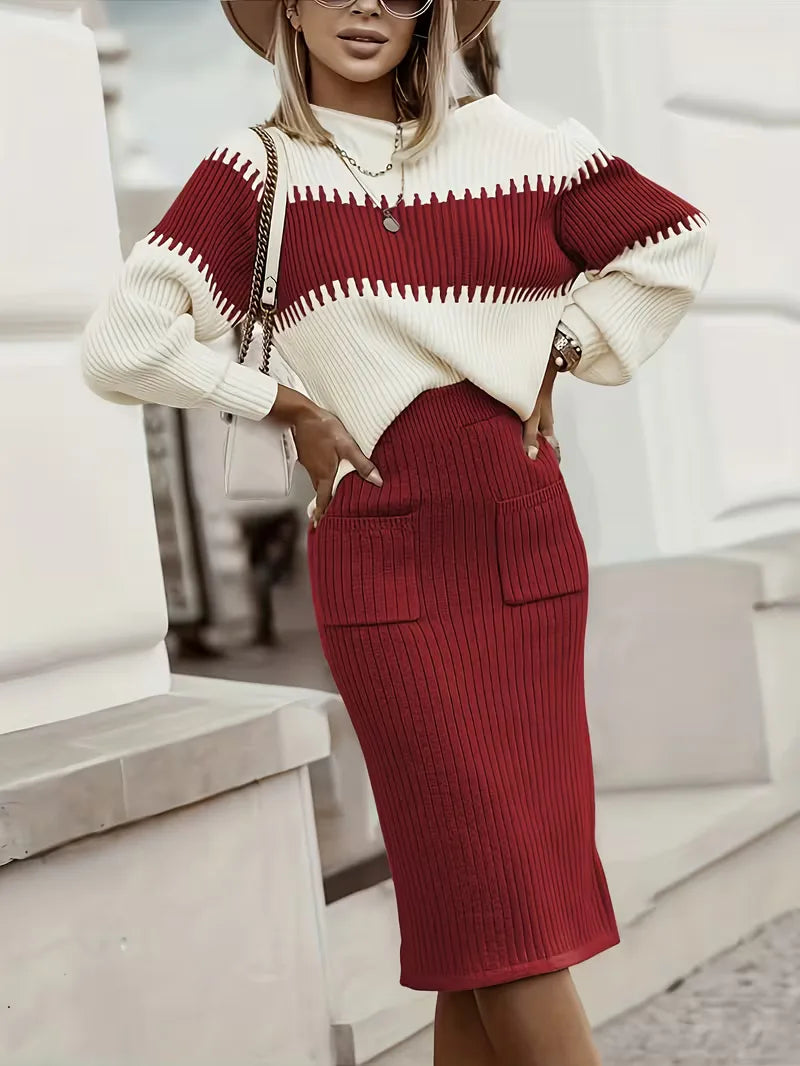 Tweedelige Ribgebreide Set Dames – Trui & Bijpassende Rok