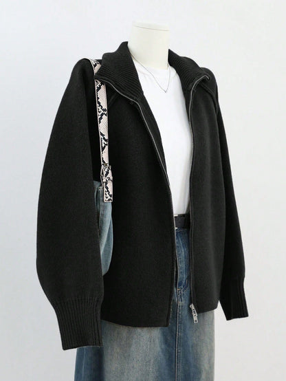 Oversized Dames Vest Met Geribde Kraag En Lange Mouwen