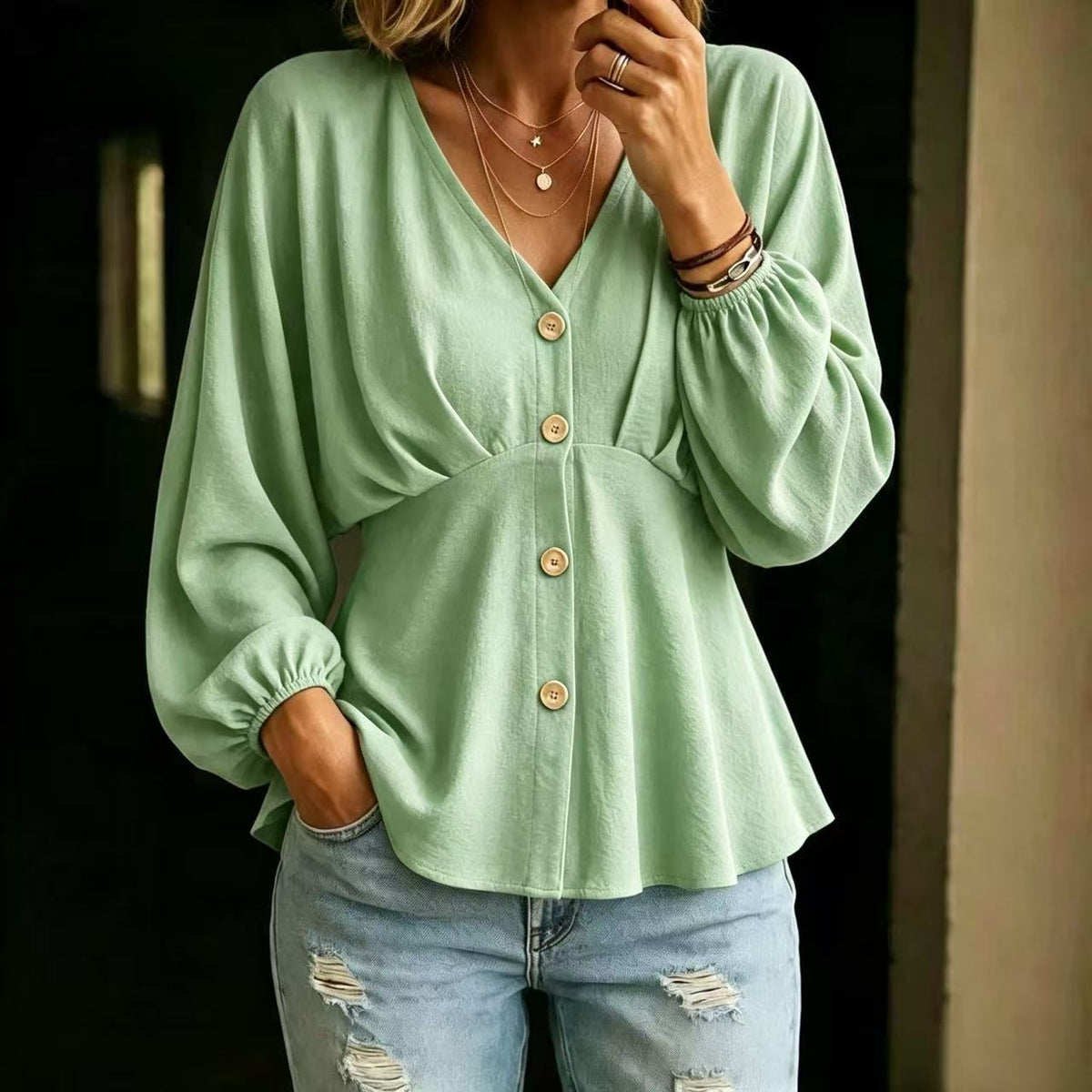 Blouse Dames Met V-Hals – Peplum Top Met Ballonmouwen