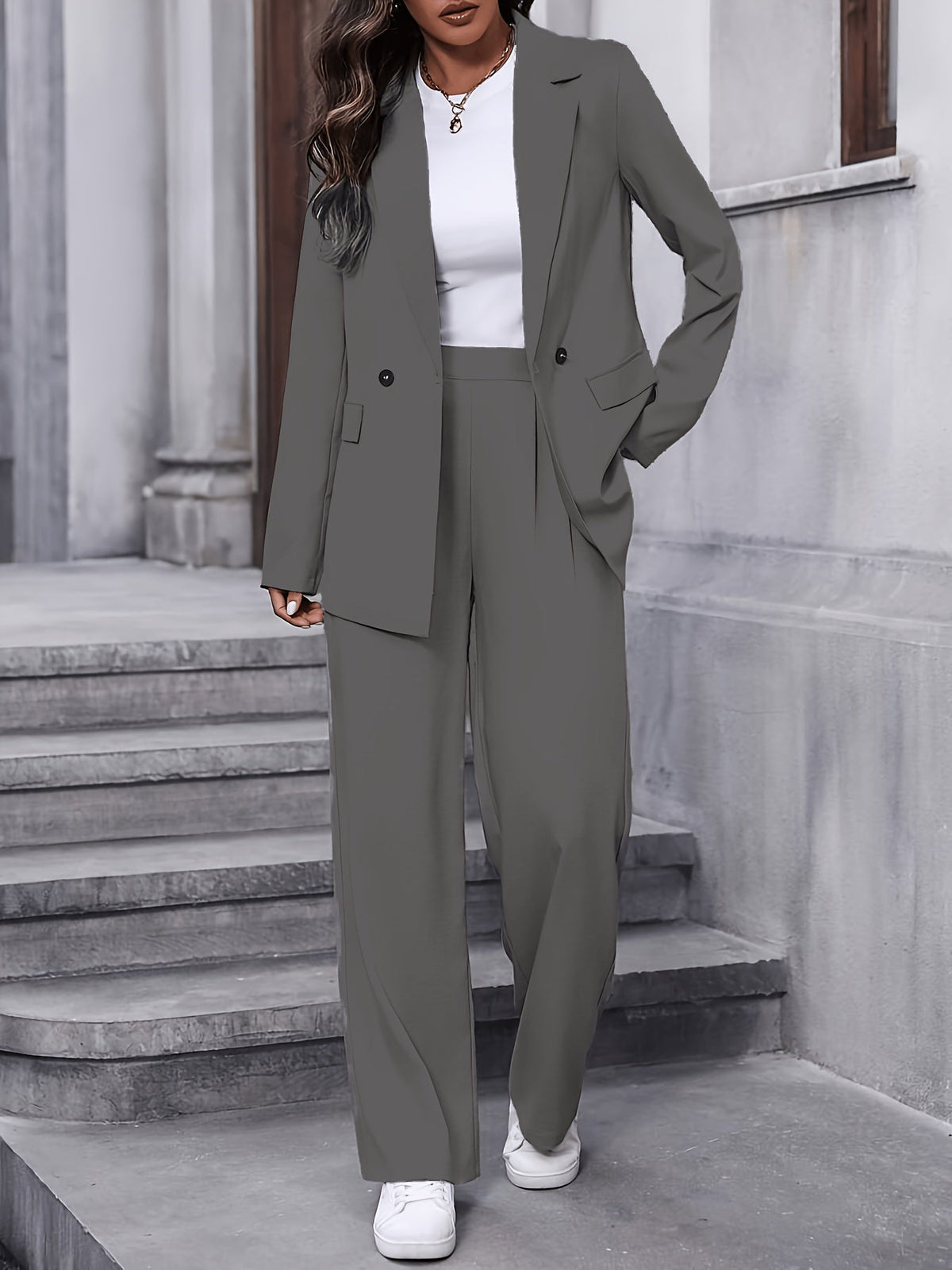 Elegante Dames Blazer Set Met Wijde Pantalon