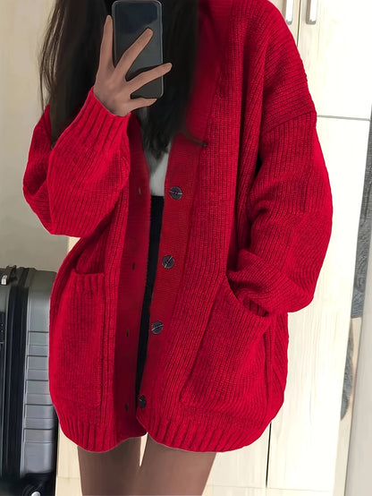 Lange Oversized Dames Cardigan Met V-Hals En Opgestikte Zakken