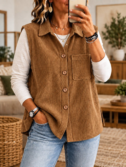 Corduroy Gilet Dames Met Kraag – Knopen & Borstzak