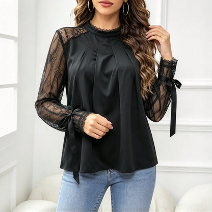 Kanten Blouse Dames Met Hoge Kraag – Plooien & Lange Mouwen