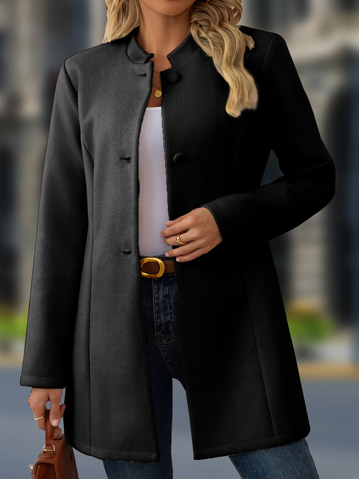 Halflange Wollook Jas Dames – Mantel Met Opstaande Kraag