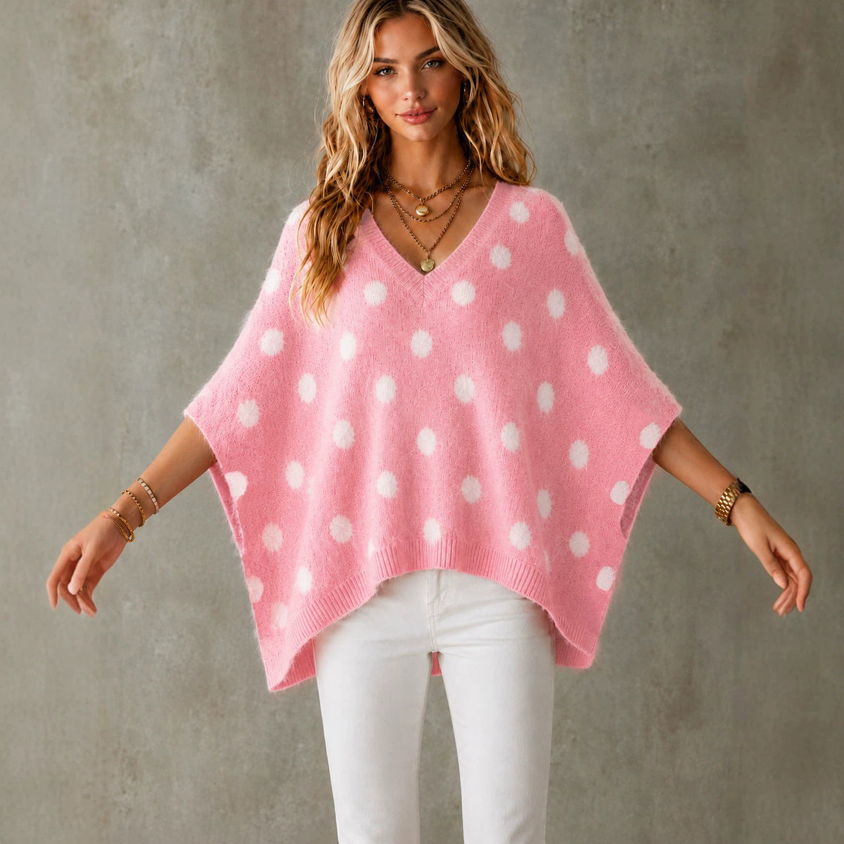 Oversized Trui Dames Met Stippen – Gebreide Sweater Met V-Hals