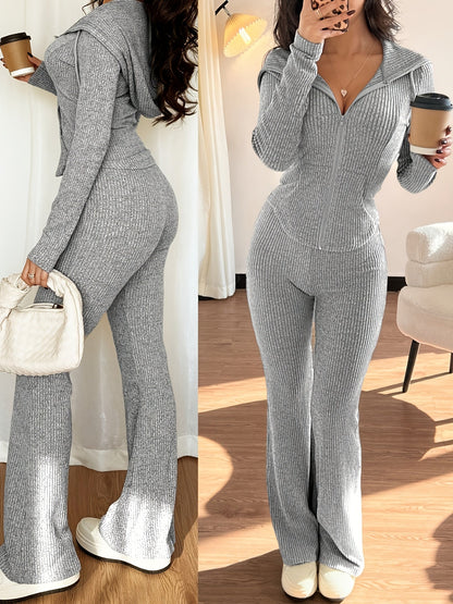 Loungewear Set Dames – Ribgebreid Vest & Wijde Broek