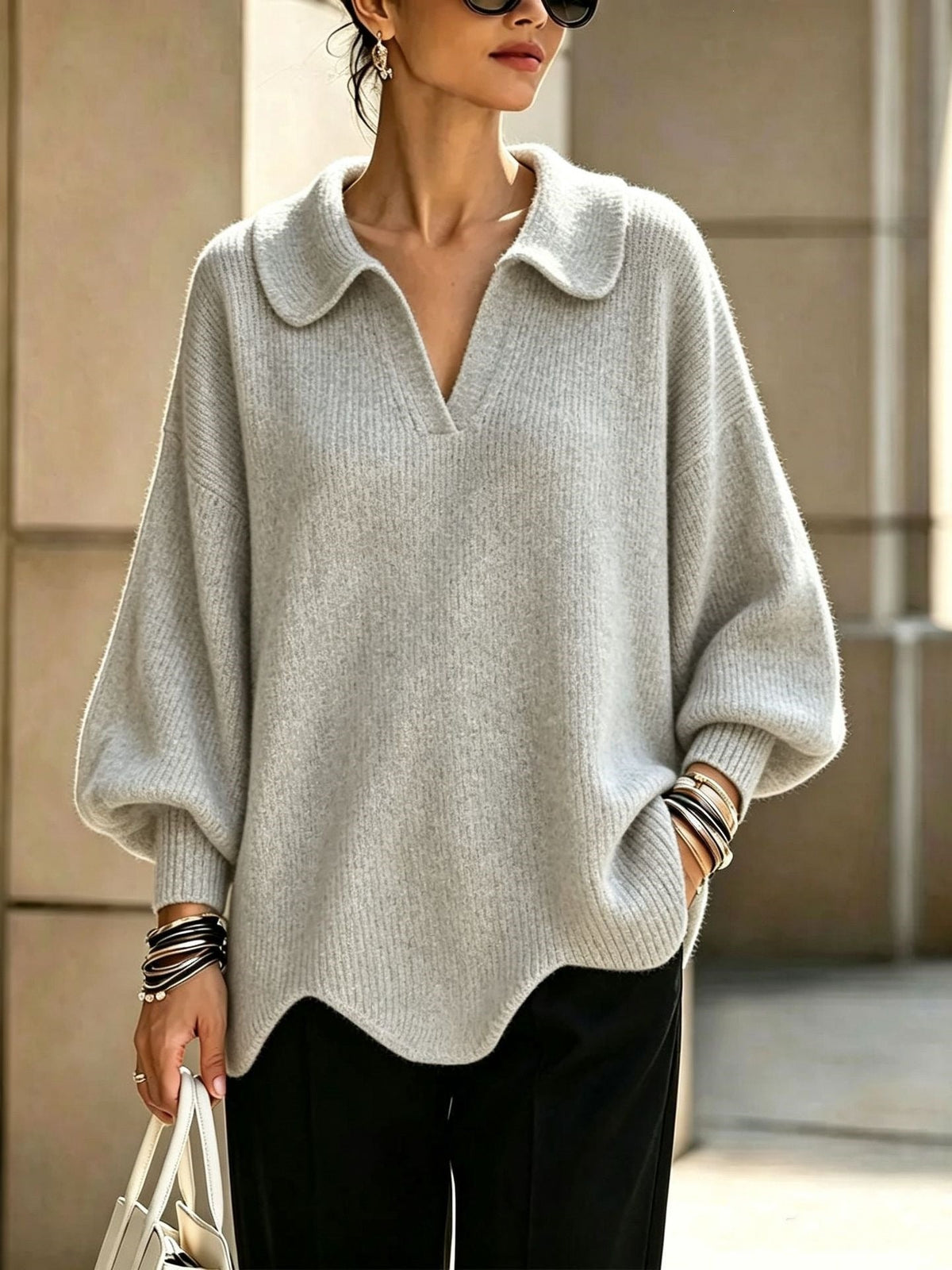 Oversized Trui Dames Met V-Hals – Sweater Met Ballonmouwen