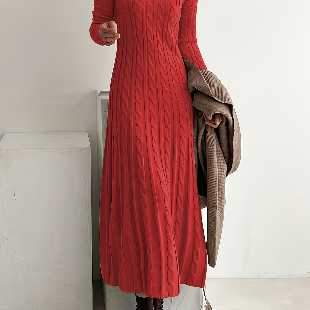 Maxi Sweaterjurk Dames – Lange Gebreide Jurk Met Kabelpatroon