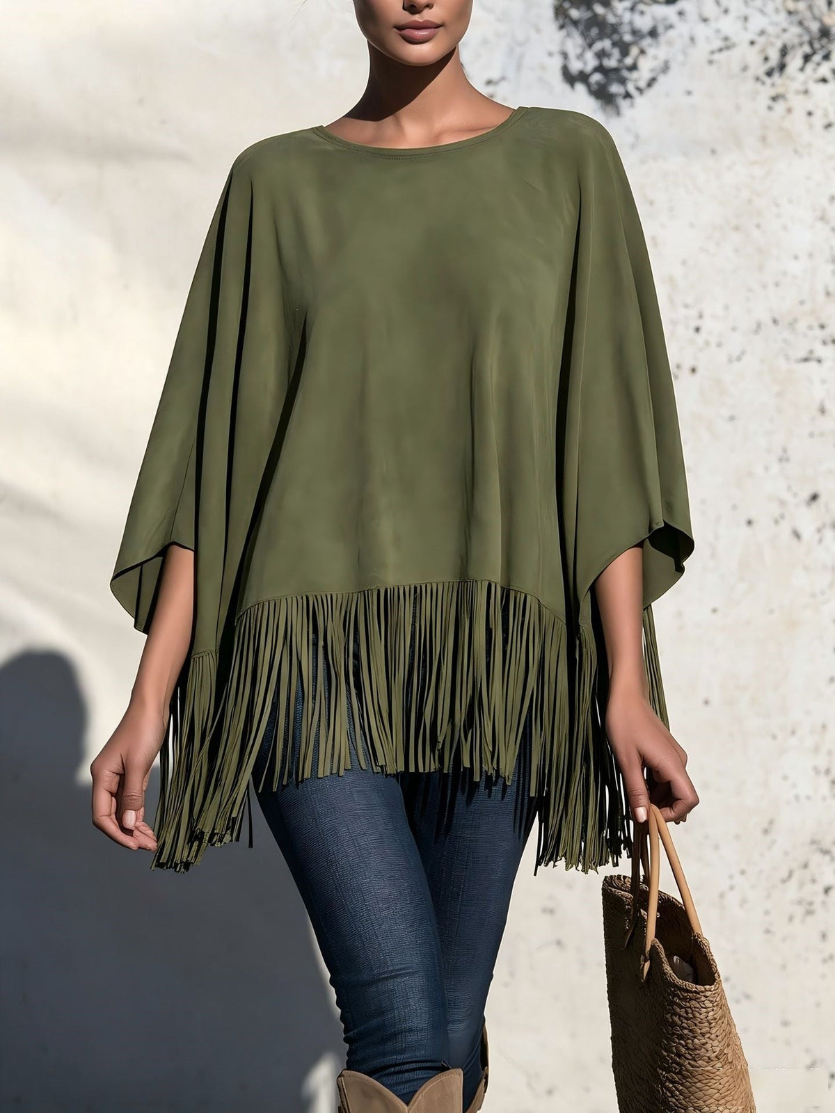 Losvallende Blouse Dames Met Franjes – Top Met Ronde Hals