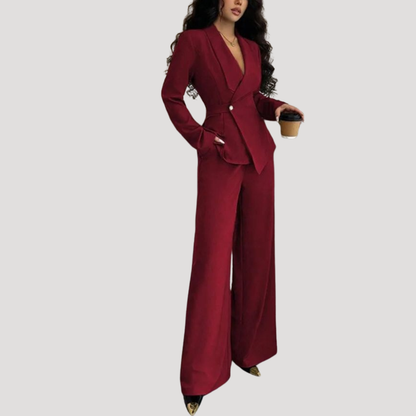Luxe Dames Pak Met Getailleerde Blazer En Wijde Pantalon