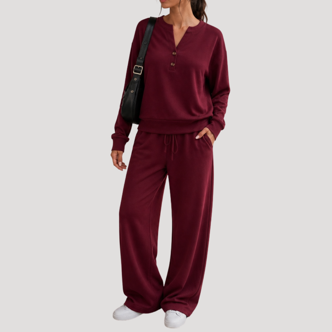 Casual Dames Tweedelige Set Met Knoopdetail En Trekkoordbroek