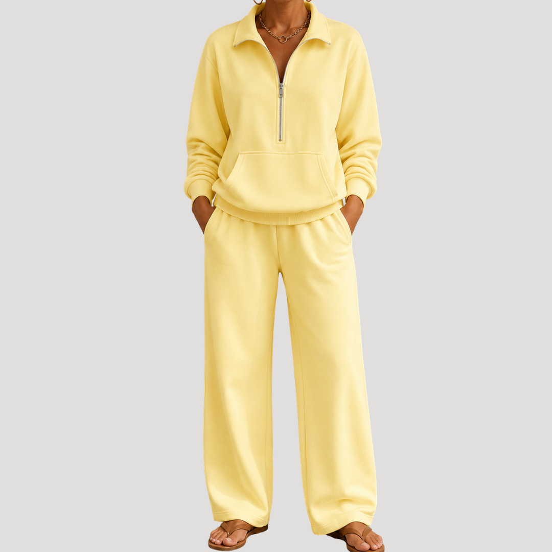 Warme Dames Tweedelige Set Met Ritskraag En Lange Broek