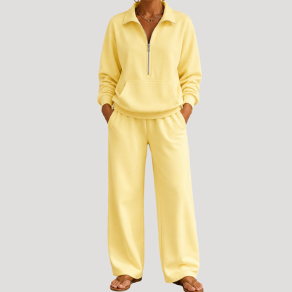 Warme Dames Tweedelige Set Met Ritskraag En Lange Broek