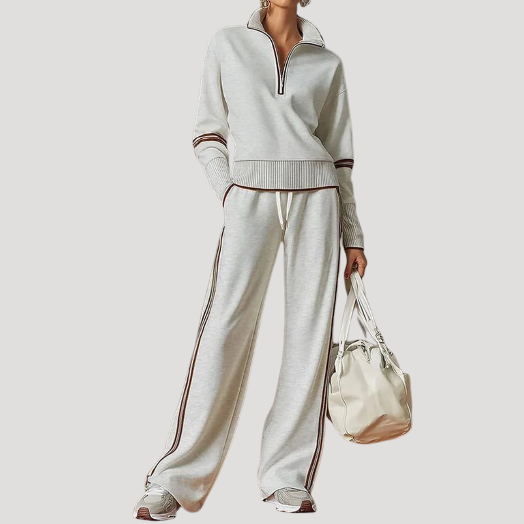 Sportieve Tweedelige Dames Set Met Hoge Kraag En Wijde Broek