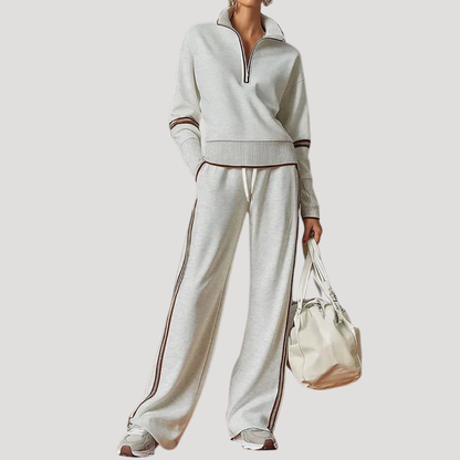 Sportieve Tweedelige Dames Set Met Hoge Kraag En Wijde Broek