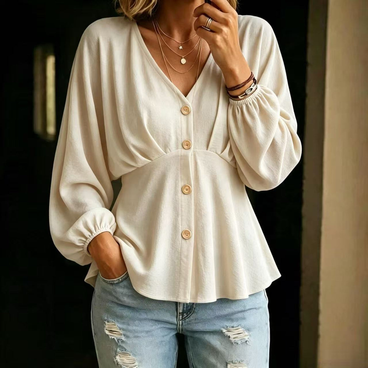 Blouse Dames Met V-Hals – Peplum Top Met Ballonmouwen