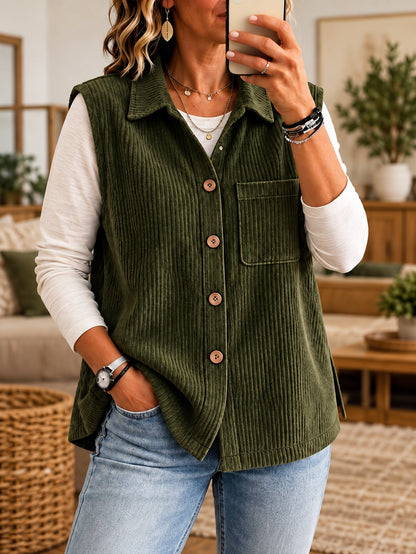 Corduroy Gilet Dames Met Kraag – Knopen & Borstzak