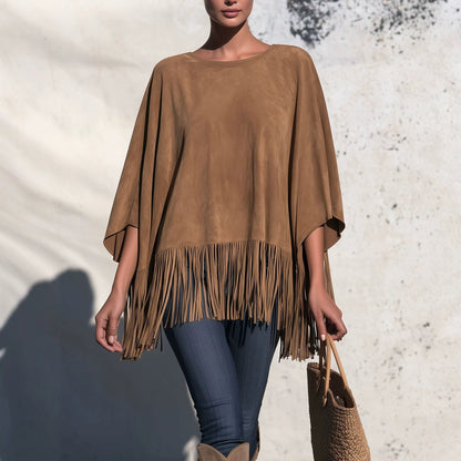 Losvallende Blouse Dames Met Franjes – Top Met Ronde Hals