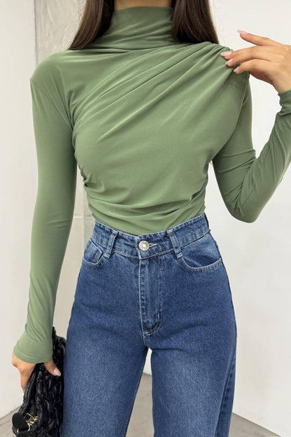 Gedrapeerde Blouse Dames – Longsleeve Met Col