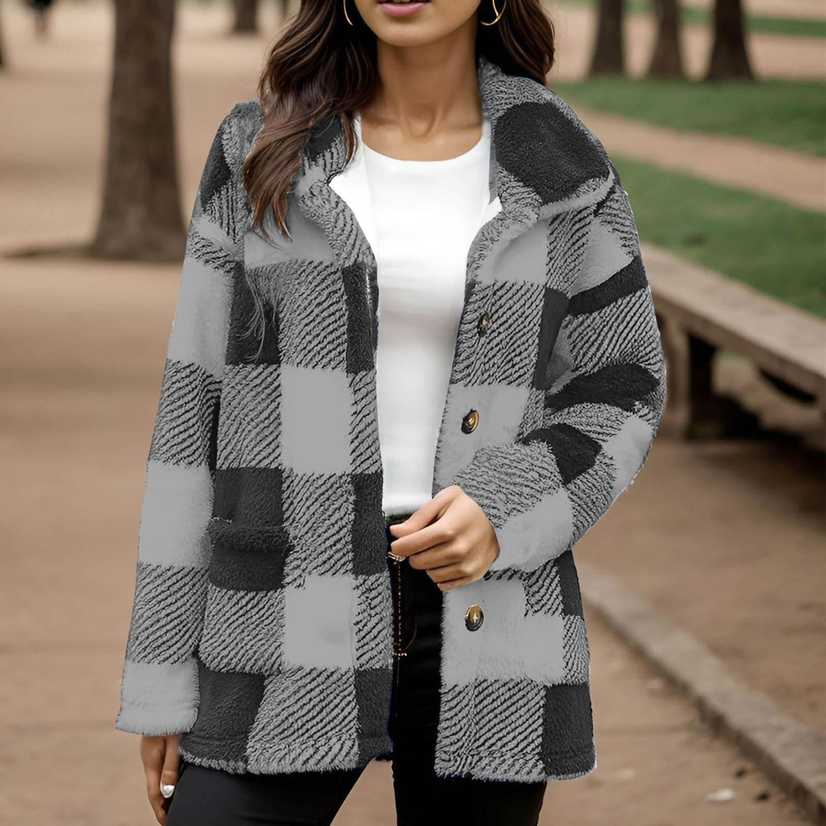 Geruite Teddy Jas Dames – Oversized Tussenjas
