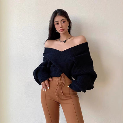 Off Shoulder Trui Dames – Gebreide Trui Met V-Hals