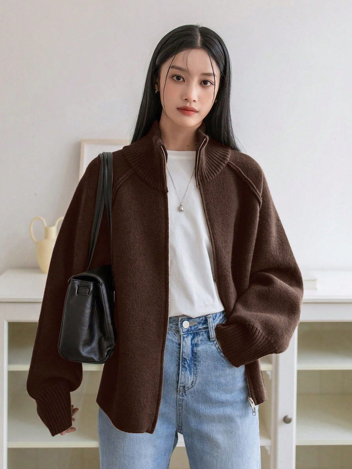 Oversized Dames Vest Met Geribde Kraag En Lange Mouwen