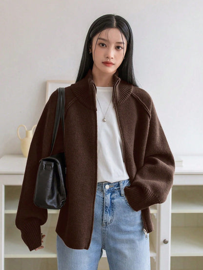 Oversized Dames Vest Met Geribde Kraag En Lange Mouwen