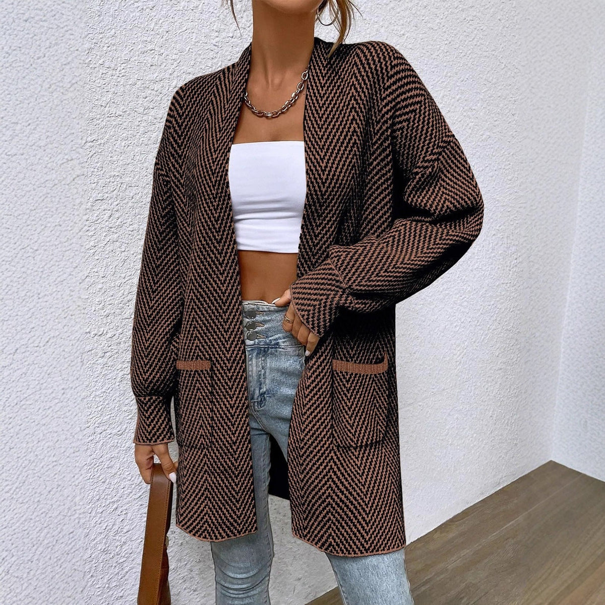 Dames Lang Cardigan Vest Met Open Voorkant En Lange Mouwen