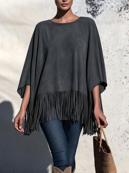 Losvallende Blouse Dames Met Franjes – Top Met Ronde Hals
