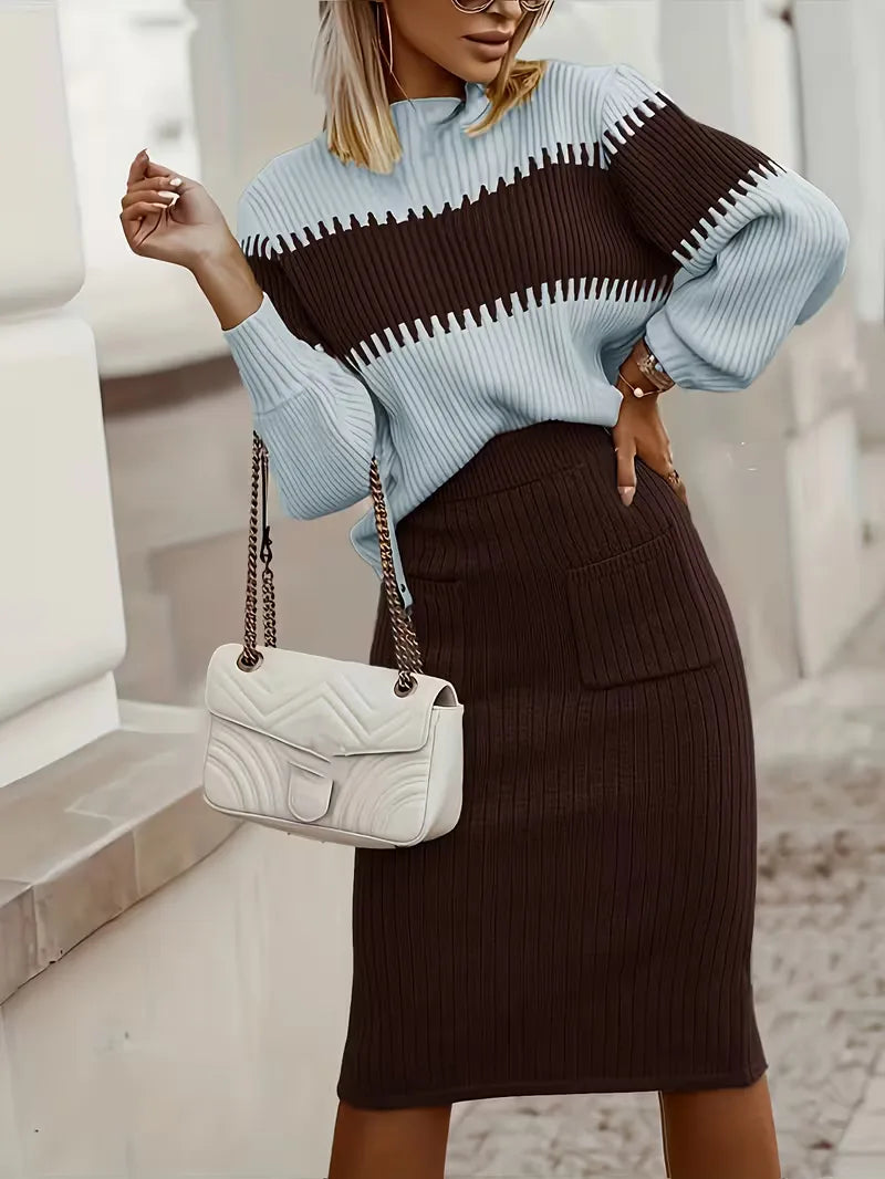 Tweedelige Ribgebreide Set Dames – Trui & Bijpassende Rok
