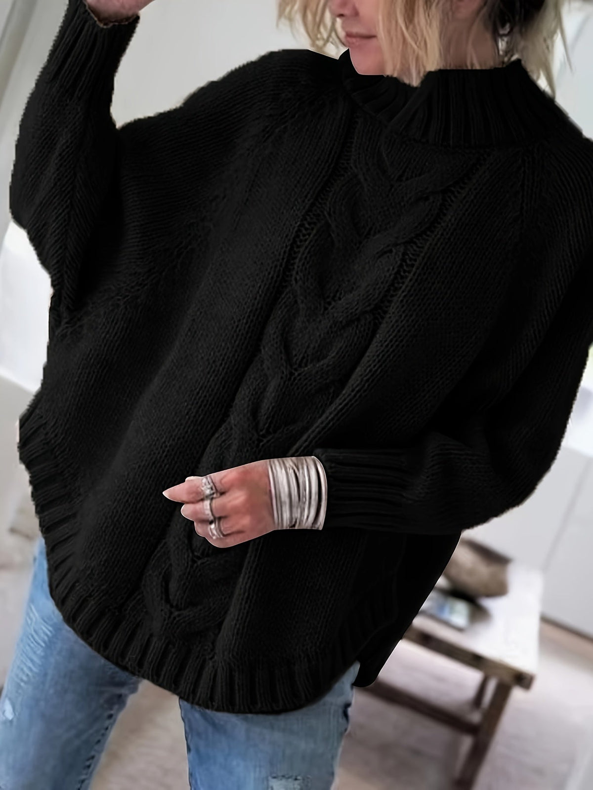 Oversized Dames Trui Met Kabelpatroon En Lange Mouwen