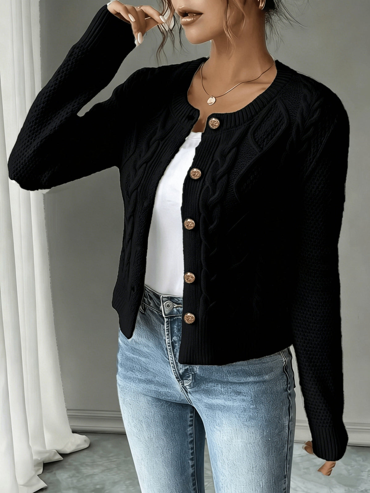 Dames Gebreid Korte Cardigan Met Kabelpatroon En Gouden Knopen