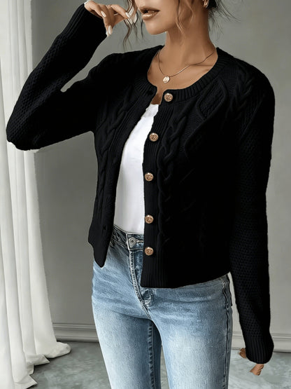 Dames Gebreid Korte Cardigan Met Kabelpatroon En Gouden Knopen