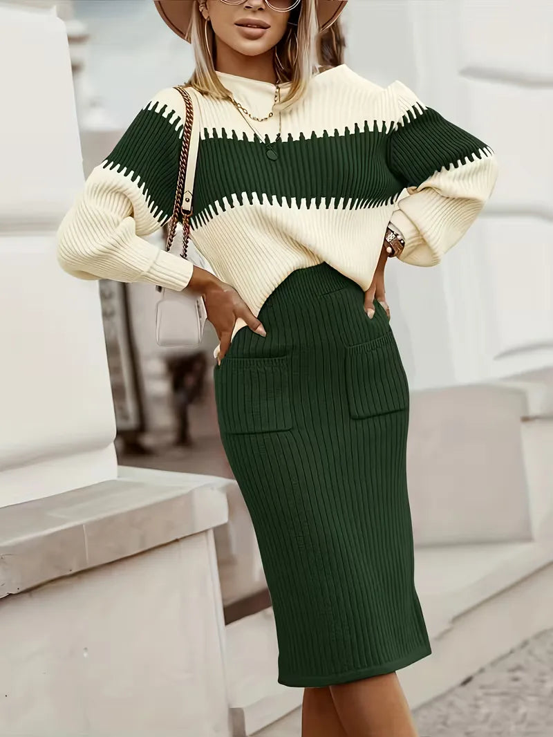 Tweedelige Ribgebreide Set Dames – Trui & Bijpassende Rok