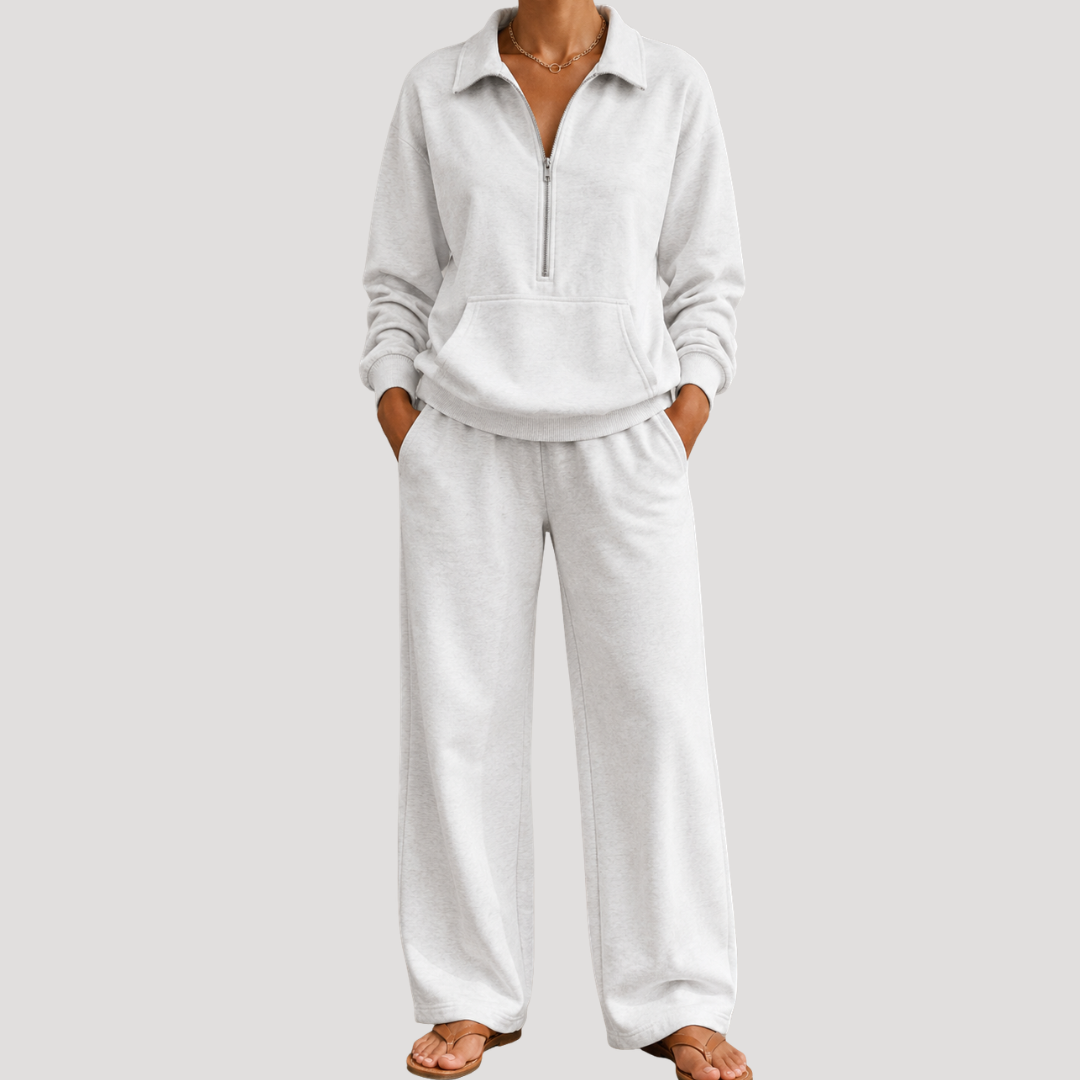 Warme Dames Tweedelige Set Met Ritskraag En Lange Broek