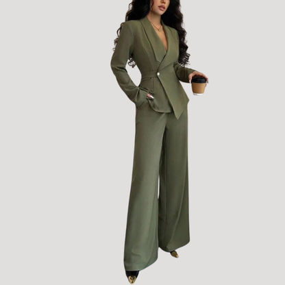 Luxe Dames Pak Met Getailleerde Blazer En Wijde Pantalon