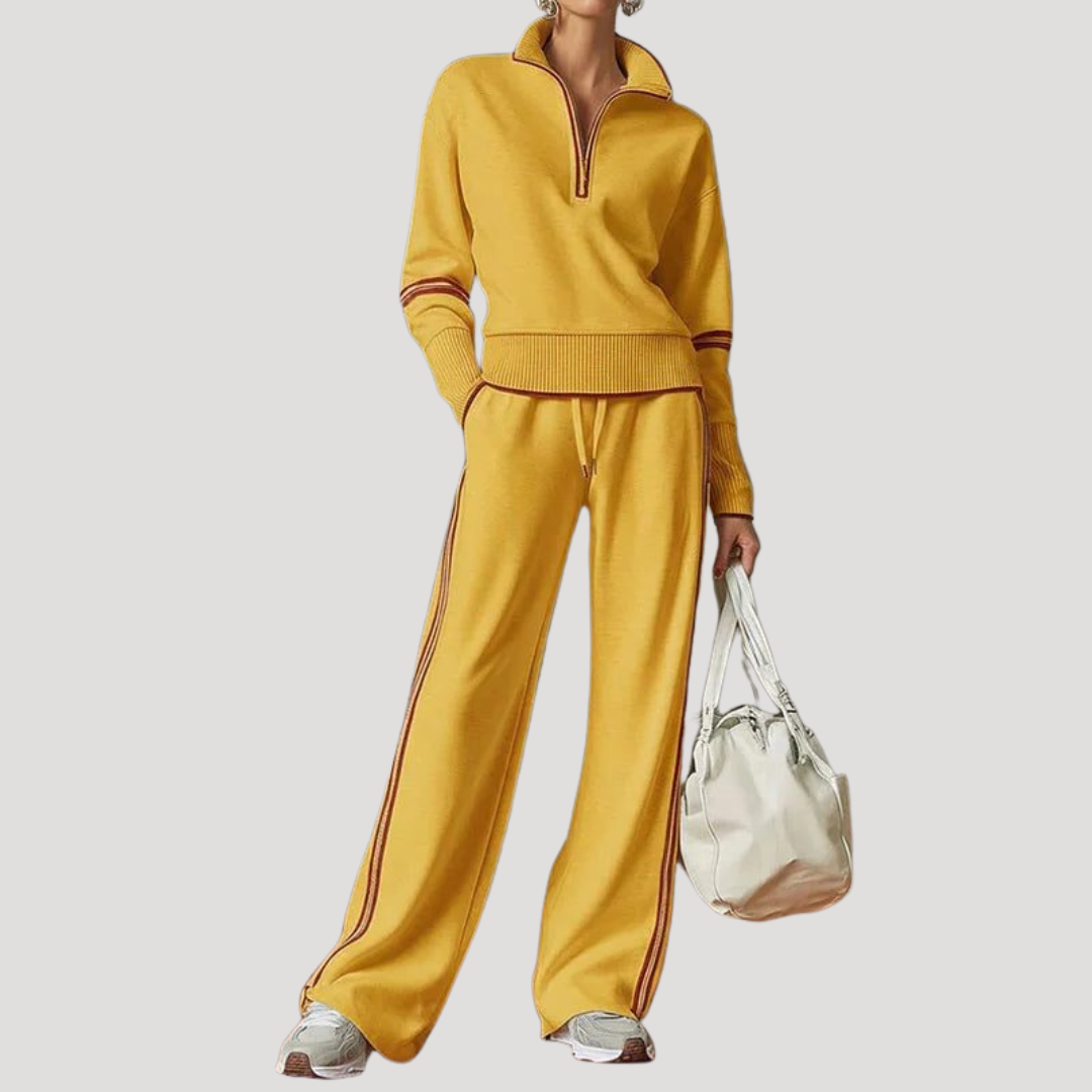 Sportieve Tweedelige Dames Set Met Hoge Kraag En Wijde Broek