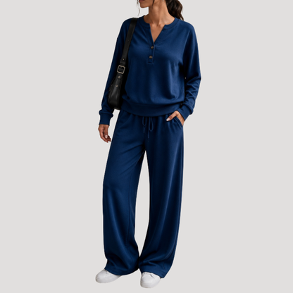 Casual Dames Tweedelige Set Met Knoopdetail En Trekkoordbroek