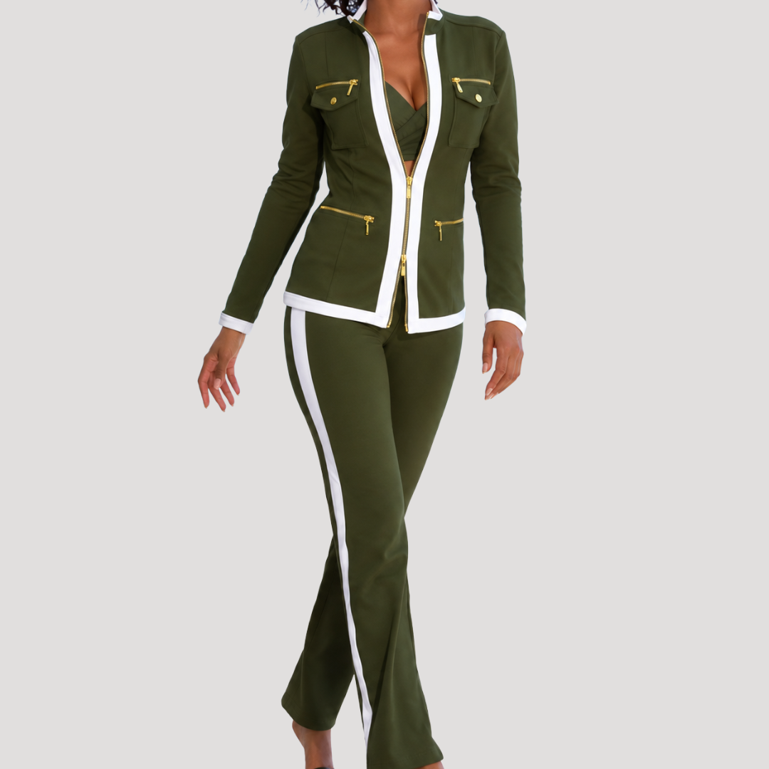 Sportieve Dames Tweedelige Set Met Ritsjack En Flared Broek
