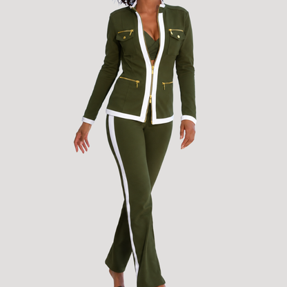 Sportieve Dames Tweedelige Set Met Ritsjack En Flared Broek