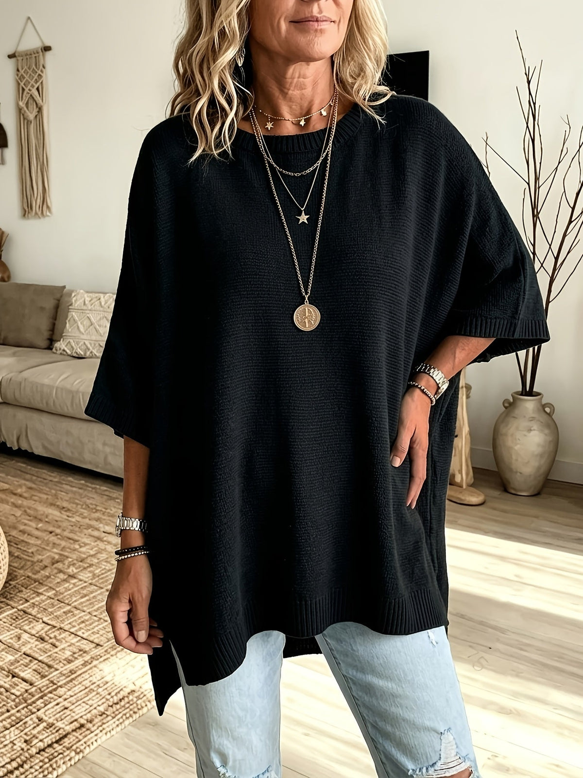 Oversized Trui Dames – Fijngebreide Trui Met Vleermuismouwen