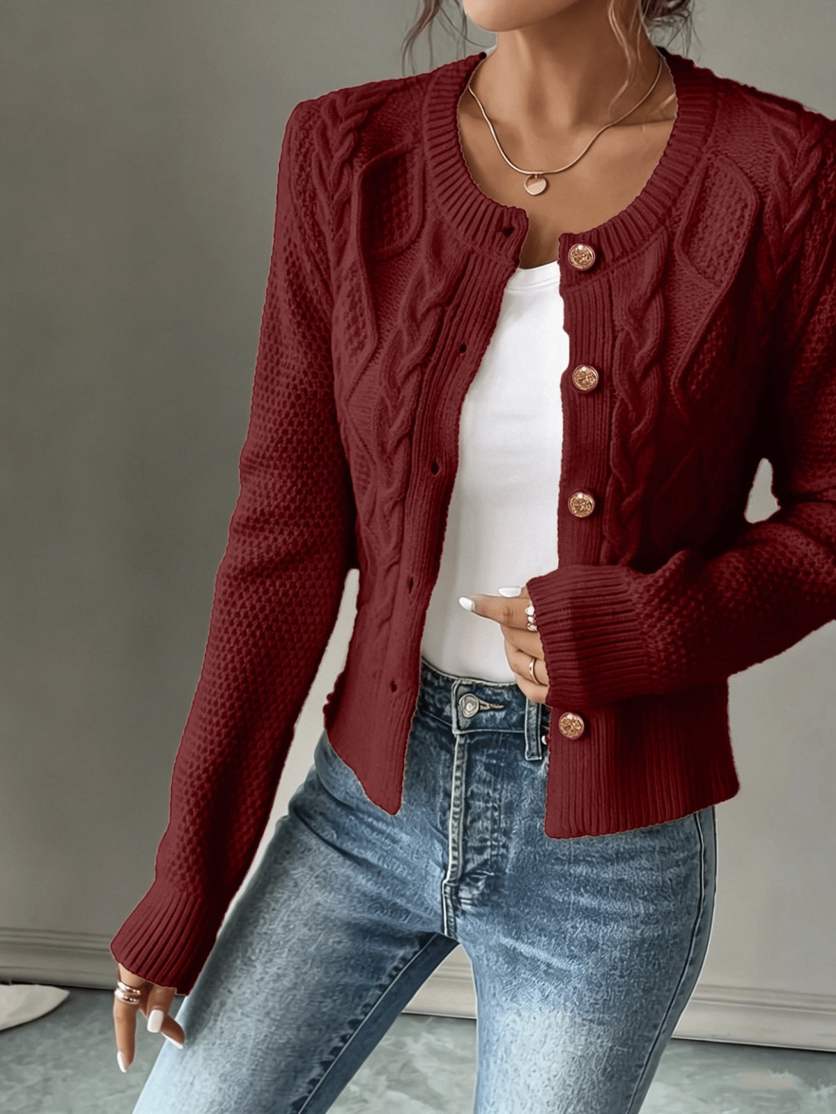 Dames Gebreid Korte Cardigan Met Kabelpatroon En Gouden Knopen