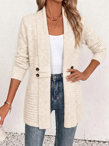 Lang Dames Cardigan Met Sjaalkraag En Decoratieve Knopen