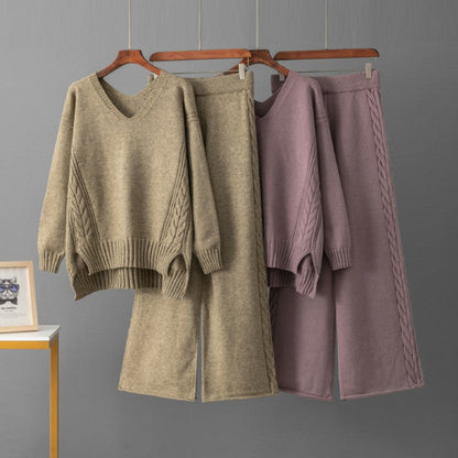 Gebreide Set Dames – Kabeltrui Met V-Hals & Wijde Broek