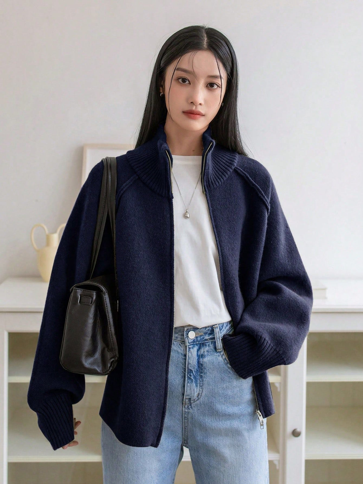 Oversized Dames Vest Met Geribde Kraag En Lange Mouwen