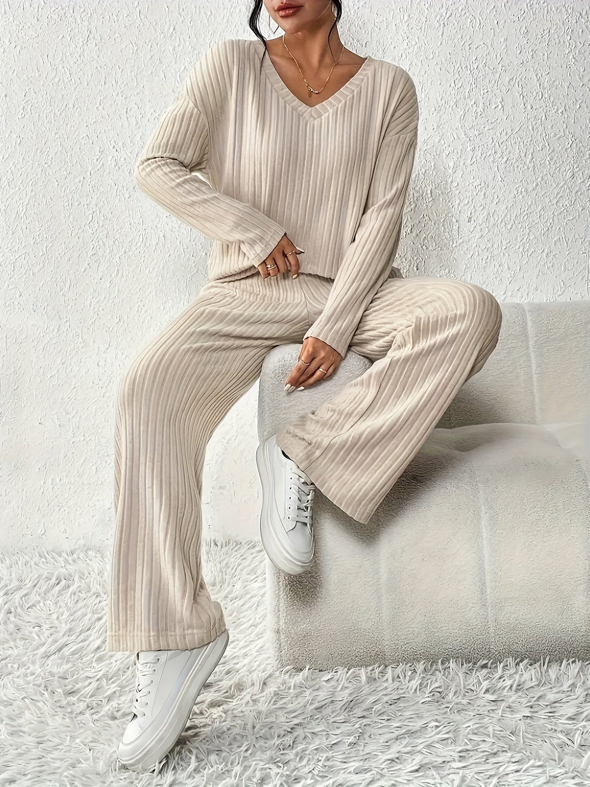 Huispak Dames – Ribgebreide Set Met Wijde Broek