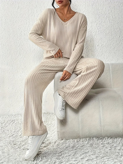 Huispak Dames – Ribgebreide Set Met Wijde Broek