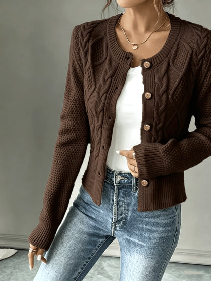 Dames Gebreid Korte Cardigan Met Kabelpatroon En Gouden Knopen